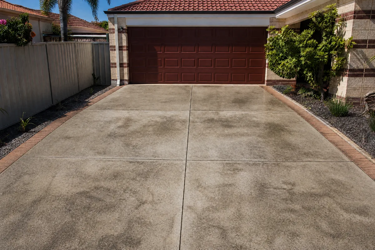 Driveway before cleaning, stained with mould and grime
