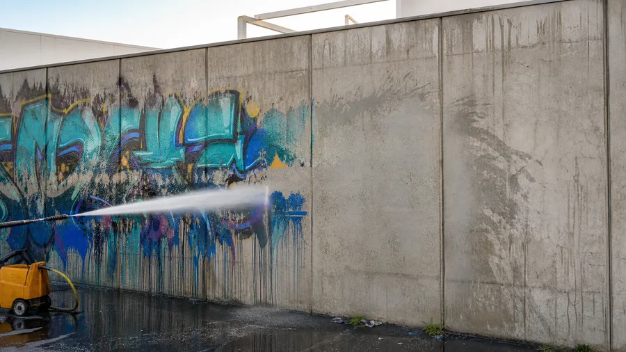 High-pressure water removing graffiti from concrete wall