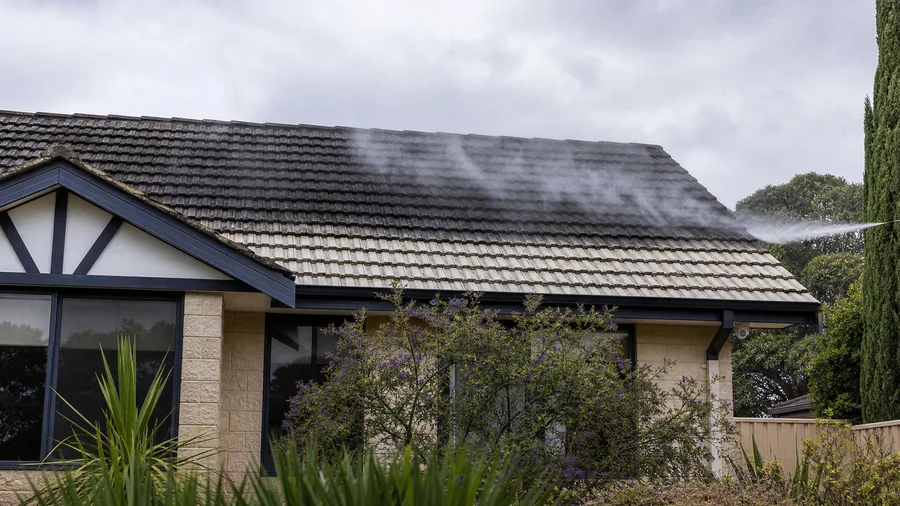 Soft wash lance removing mould from roof tiles with a clean band revealed