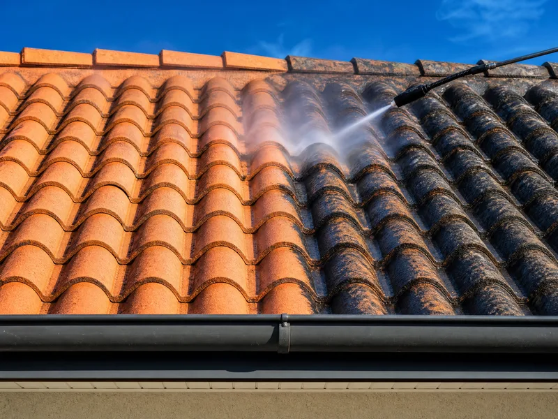 Soft washing a tiled roof