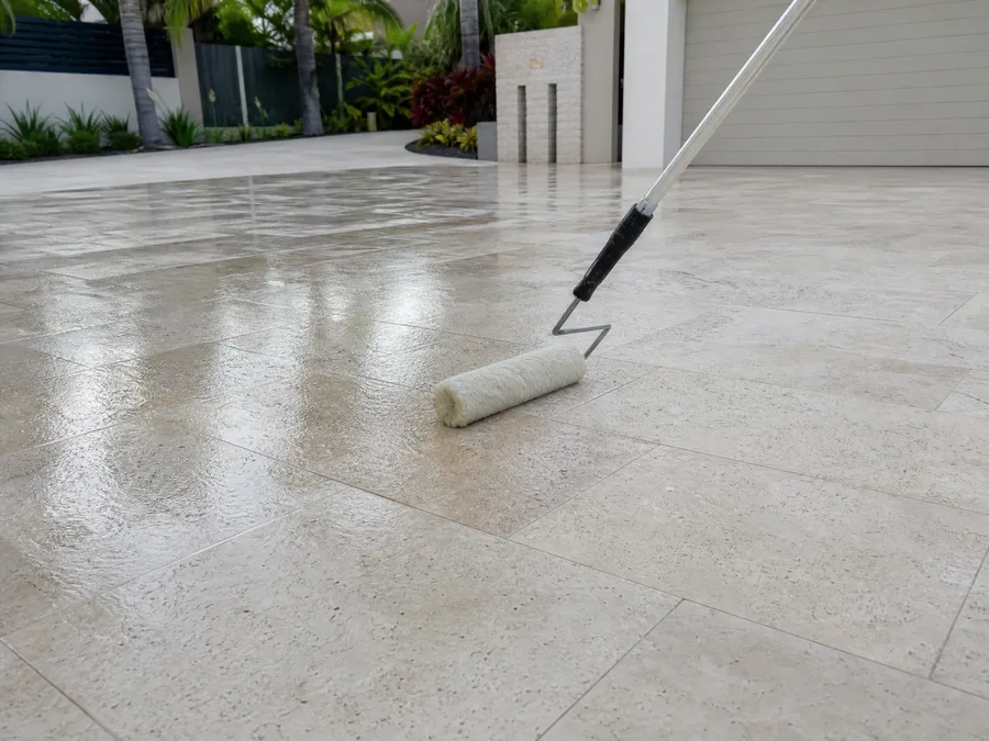 Applying penetrating sealer to limestone paving with a roller
